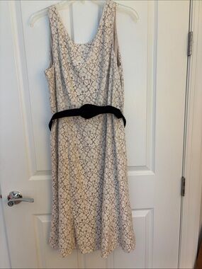 White House Black Market Cream Lace Midi Dress with Black Belt